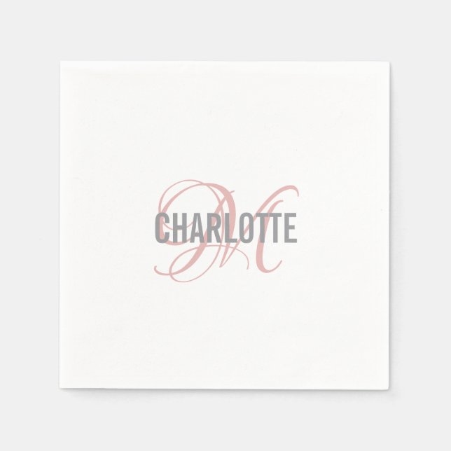 Monogram Name simple white blush pink Paper Napkin (Front)