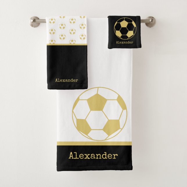 Monogram name Soccer Football Gold Black and White Bath Towel Set (Insitu)