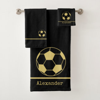 Monogram name Soccer Football Gold Black Bath Towel Set