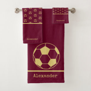 Monogram name Soccer Football Gold Burgundy  Bath  Bath Towel Set