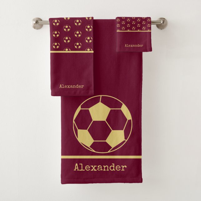 Monogram name Soccer Football Gold Burgundy  Bath  Towel Set (Insitu)