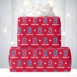 Monogram Name Star Crimson Navy Custom Wrapping Paper<br><div class="desc">Elevate your gift-giving with monogrammed wrapping paper! This sports jersey-style pattern features a retro block font, stars, and is personalised with a monogram initial and the recipient's name. You can also customise the background colour by using the design editor tool. A stylish design that would suit many occasions, including Christmas,...</div>