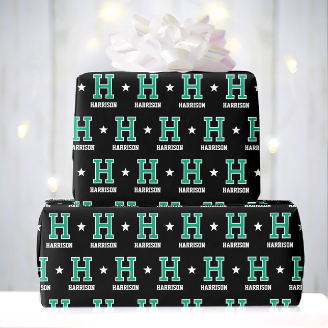 Monogram Name Star Green Black Custom Wrapping Paper (Creator Uploaded)