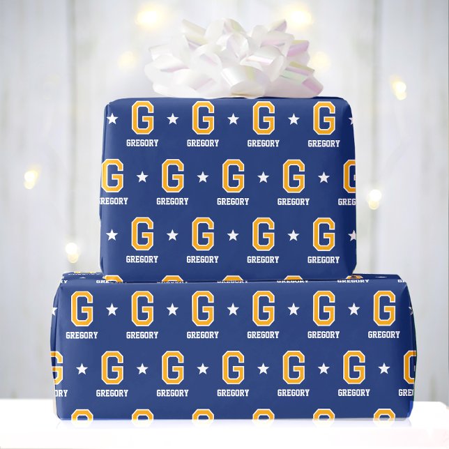 Monogram Name Star Navy Yellow Custom Wrapping Paper (Creator Uploaded)