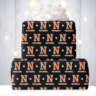 Monogram Name Star Orange Black Custom Wrapping Paper