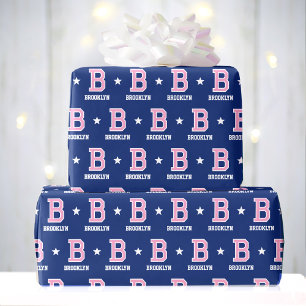 Monogram Name Star Pink Navy Custom Wrapping Paper