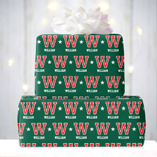 Monogram Name Star Red Green Custom Wrapping Paper