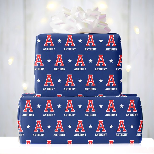 Monogram Name Star Red Navy Custom Wrapping Paper (Creator Uploaded)