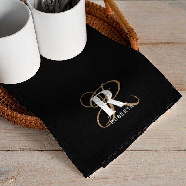 Monogram Name Stylish Black Gold Script  Tea Towel (Creator Uploaded)