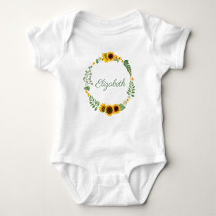 Monogram Name Sunflowers Yellow Green Floral Baby Bodysuit