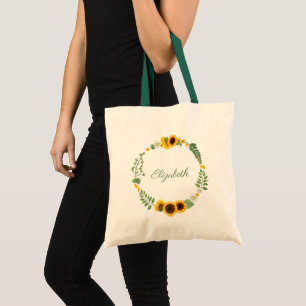 Monogram Name Sunflowers Yellow Green Floral Tote Bag