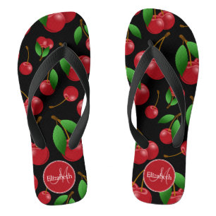 monogram name sweet red cherries pattern on black thongs