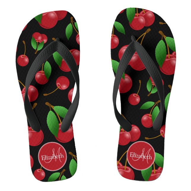 monogram name sweet red cherries pattern on black thongs (Footbed)