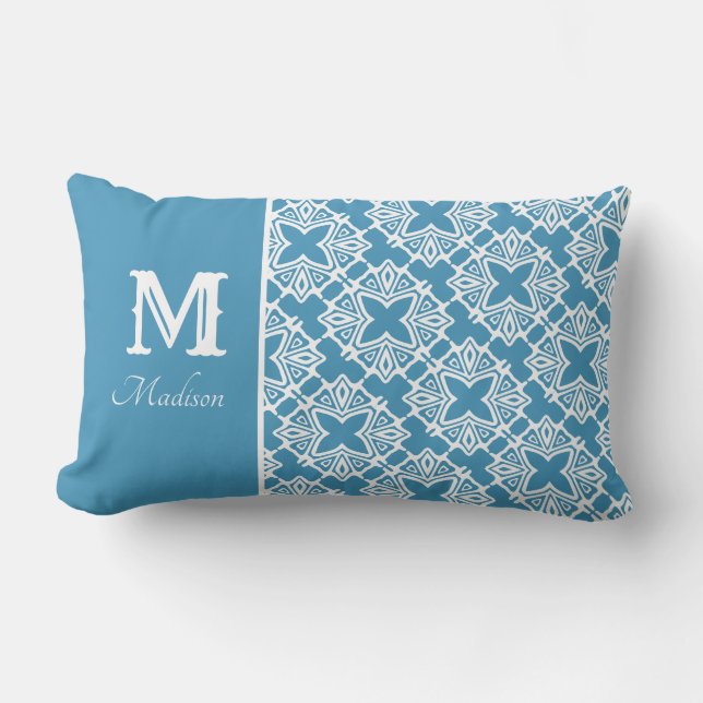 Monogram Name Teal and White Lumbar Pillow (Front)