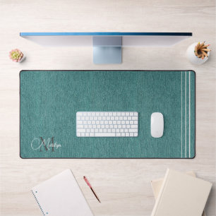Monogram Name, Teal Denim Print, Platinum Accents Desk Mat