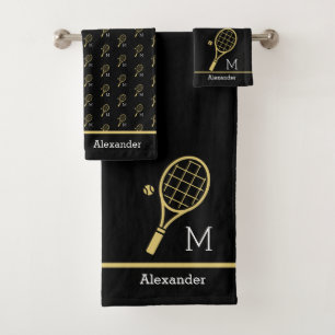 Monogram Name Tennis Racket Ball Gold Black Bath Towel Set