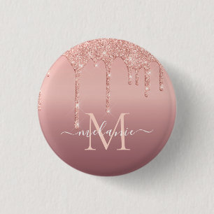 Monogram Name Text Rose Gold Blush Glitter Button