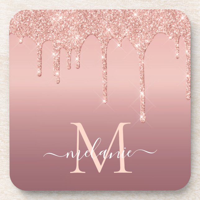 Monogram Name Text Rose Gold Blush Glitter Coaster (Front)