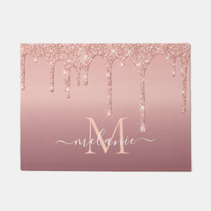 Monogram Name Text Rose Gold Blush Glitter Doormat