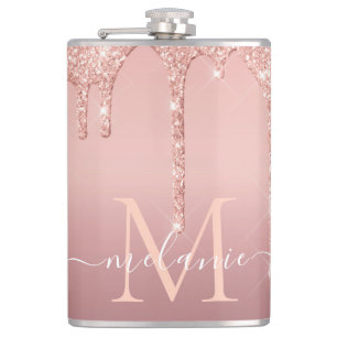 Monogram Name Text Rose Gold Blush Glitter Flask