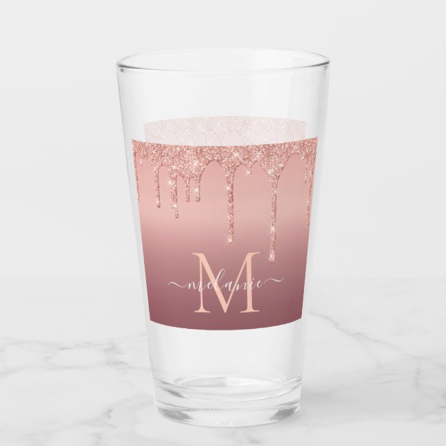 Monogram Name Text Rose Gold Blush Glitter Glass (Front)