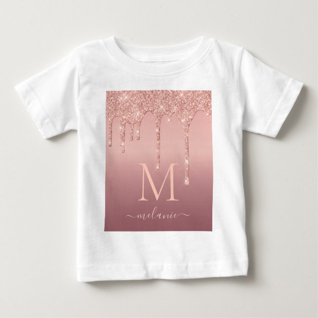 Monogram Name Text Rose Gold Blush Glitter Sparkle Baby T-Shirt (Front)