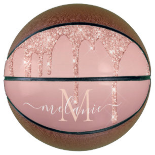 Monogram Name Text Rose Gold Blush Glitter Sparkle Basketball