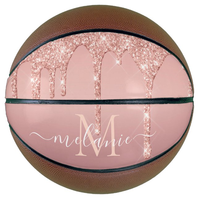 Monogram Name Text Rose Gold Blush Glitter Sparkle Basketball (Front)