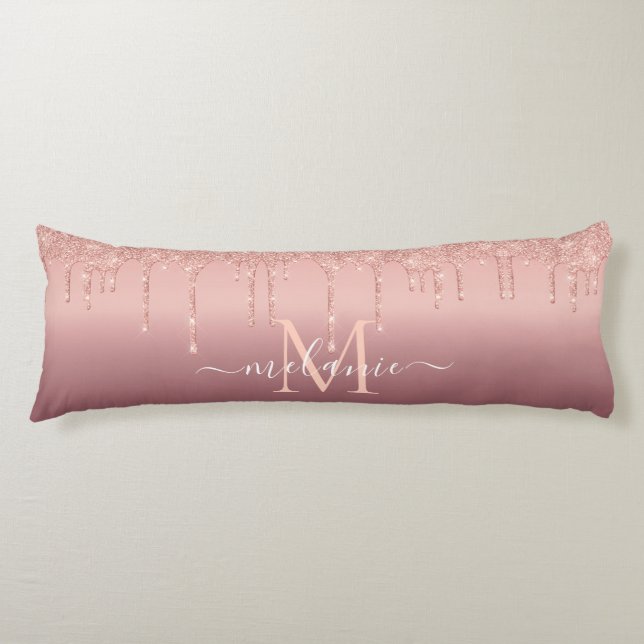 Monogram Name Text Rose Gold Blush Glitter Sparkle Body Cushion (Front)