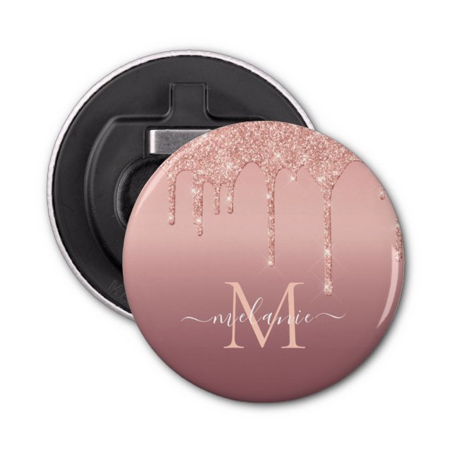 Monogram Name Text Rose Gold Blush Glitter Sparkle Bottle Opener (Front)