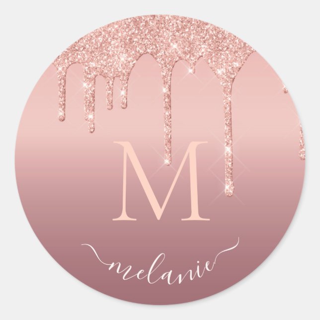 Monogram Name Text Rose Gold Blush Glitter Sparkle Classic Round Sticker (Front)