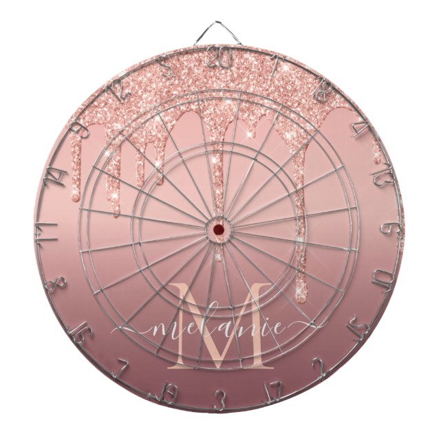 Monogram Name Text Rose Gold Blush Glitter Sparkle Dartboard (Front)