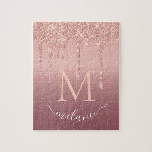 Monogram Name Text Rose Gold Blush Glitter Sparkle Jigsaw Puzzle