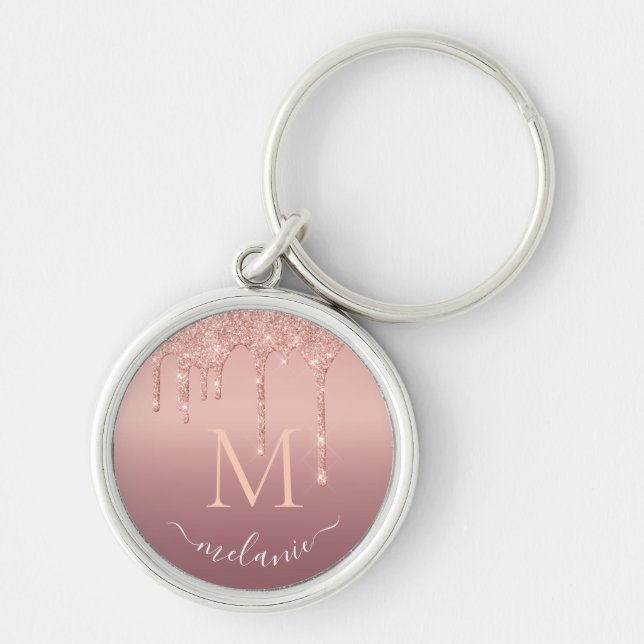 Monogram Name Text Rose Gold Blush Glitter Sparkle Key Ring (Front)