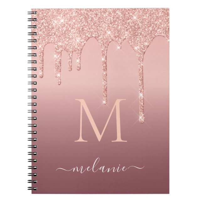 Monogram Name Text Rose Gold Blush Glitter Sparkle Notebook (Front)