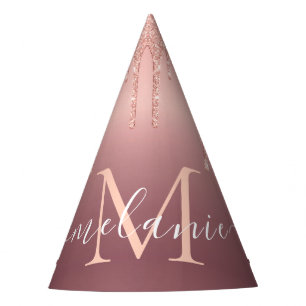 Monogram Name Text Rose Gold Blush Glitter Sparkle Party Hat