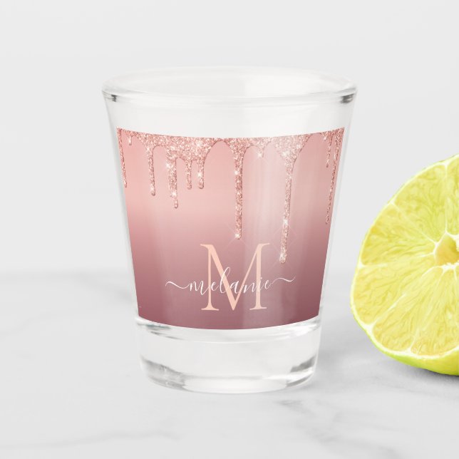 Monogram Name Text Rose Gold Blush Glitter Sparkle Shot Glass (Front)