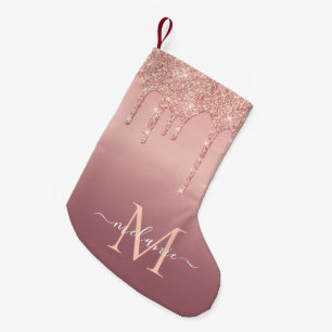 Monogram Name Text Rose Gold Blush Glitter Sparkle Small Christmas Stocking