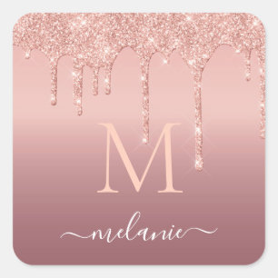 Monogram Name Text Rose Gold Blush Glitter Sparkle Square Sticker