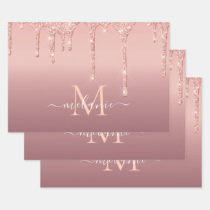 Monogram Name Text Rose Gold Blush Glitter Sparkle Wrapping Paper Sheet