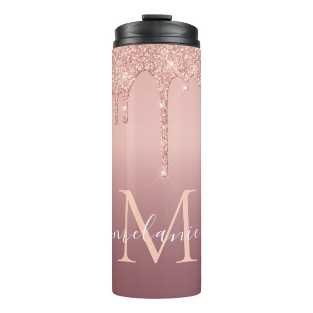 Monogram Name Text Rose Gold Blush Glitter Thermal Tumbler (Front)