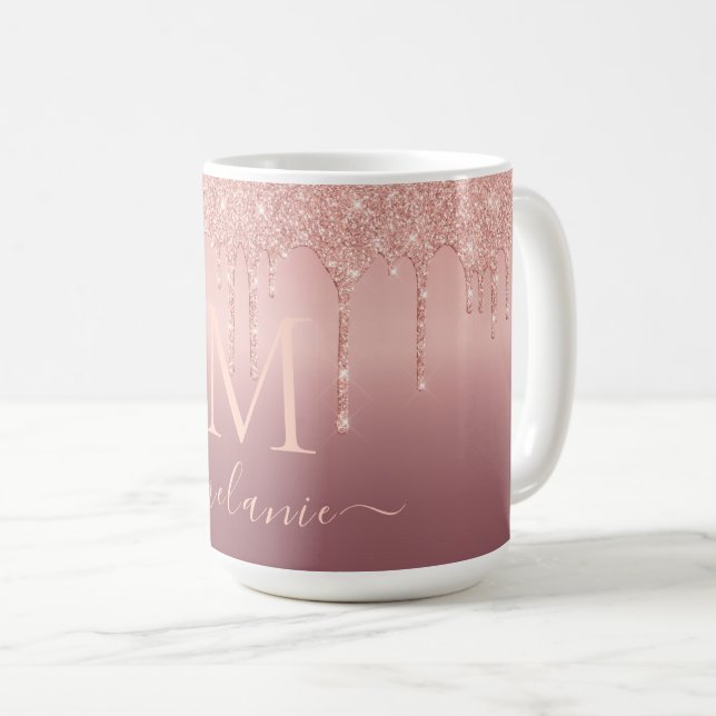 Monogram Name Text Rose Gold Glitter Coffee Mug (Front Right)