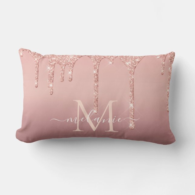 Monogram Name Text Rose Gold Glitter Lumbar Pillow (Front)