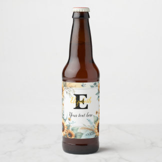 Monogram name text sunflowers watercolor modern beer bottle label