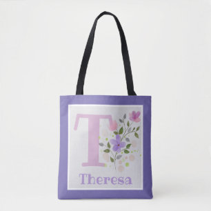 Monogram & Name Theresa with Flowers Tote Bag