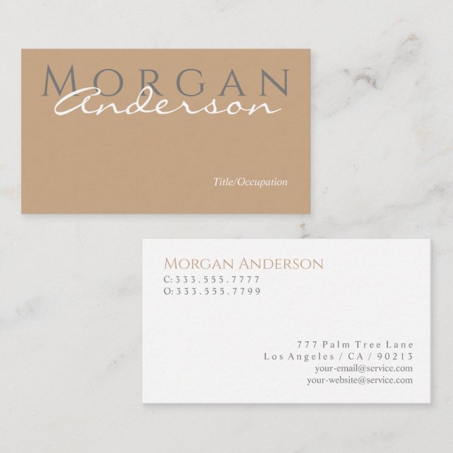 Monogram Name Title & Info, Tan Grey White Business Card (Front/Back)