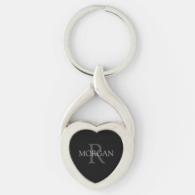 Monogram & Name, Trendy Black with Grey Text Key Ring (Front)
