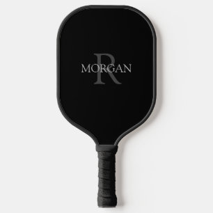 Monogram & Name, Trendy Black with Grey Text Pickleball Paddle