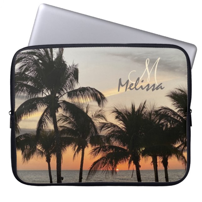 Monogram Name Trendy Florida Sunset Palm Ocean Laptop Sleeve (Front)