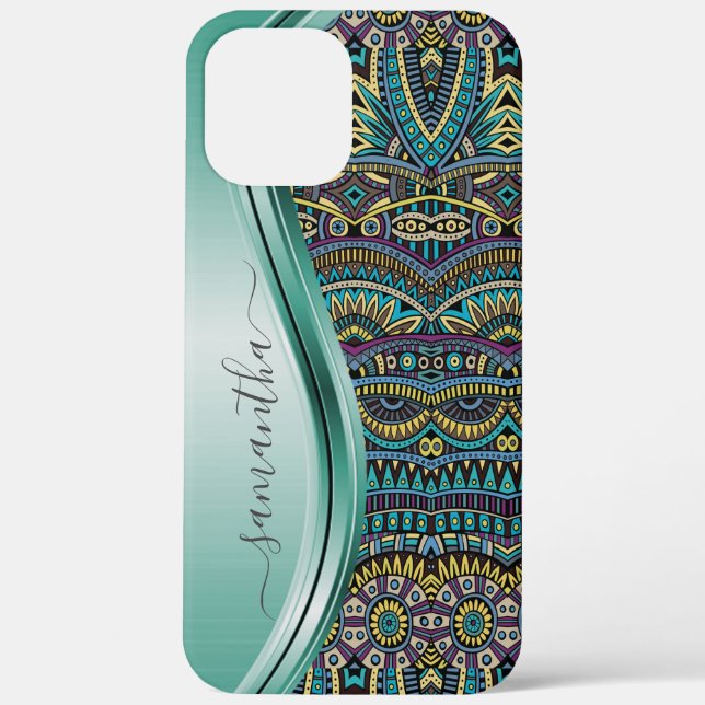 Monogram Name Tribal Teal Pattern Case-Mate iPhone Case (Back)